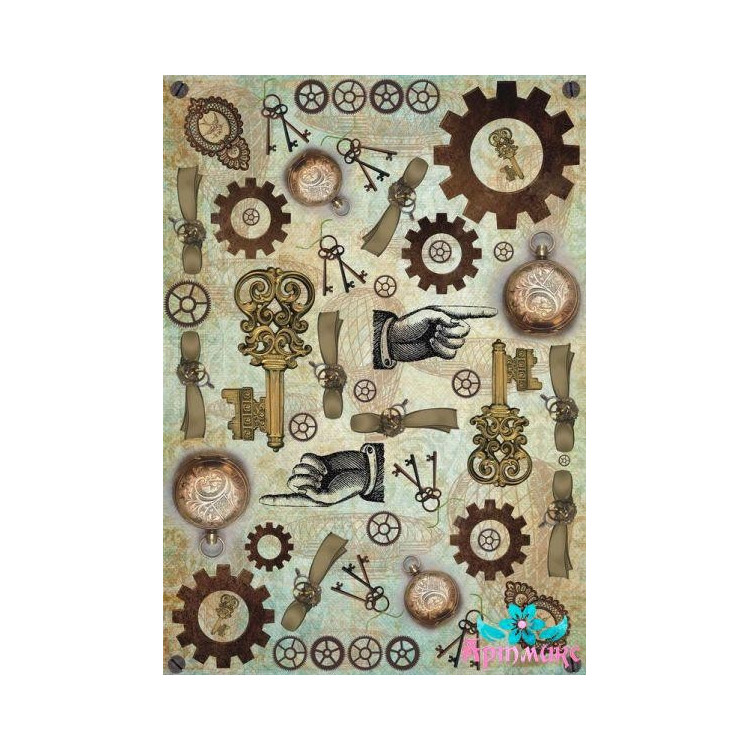 Rice card for decoupage "Steampunk, keys and gears" size: 21*30 cm AM400305D