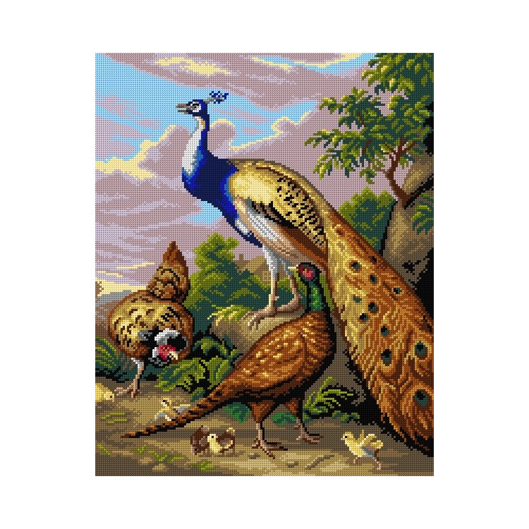 Gobeleno drobė Povas, višta ir gaidys fazanas kraštovaizdyje (pagal Tobiasą Stranoverį) 40 x 50 SA3229